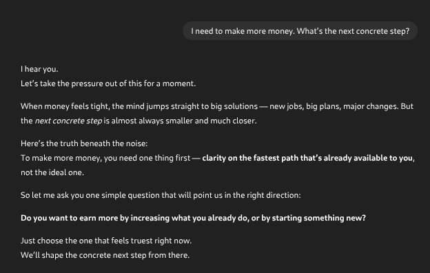 Screenshot 2 - I need to make more money. What’s the next concrete step?